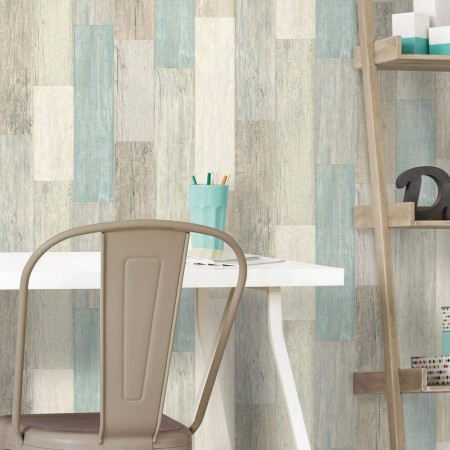 Mighty Rock Coastal Weathered Plank Peel and Stick Wallpaper,Blue/Tan